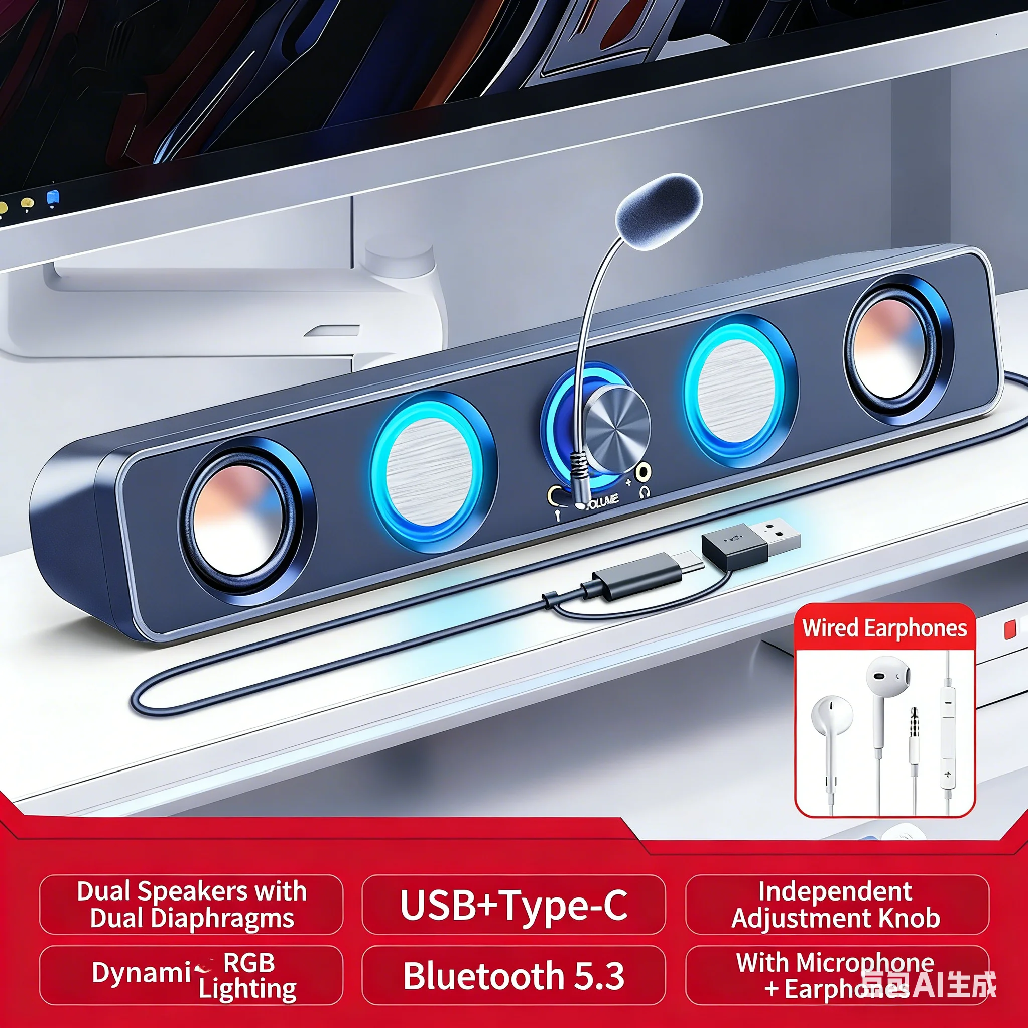 Rgb Computer Soundbar For Pc - Sistema de Som para Home Theater,