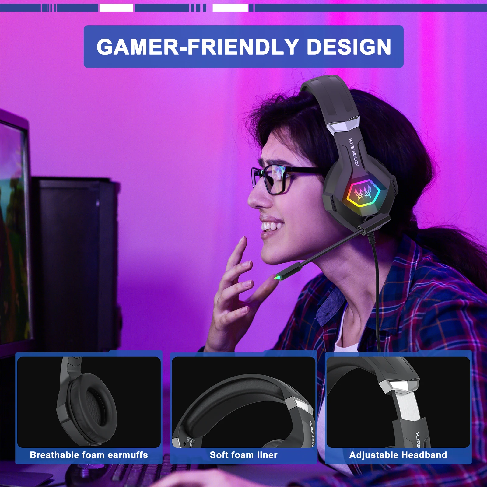 Gaming Headset With Mic Rgb - Fone de ouvido para jogos com